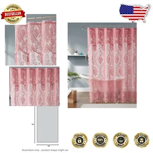 Elegant 72x72 Rose Pink Lace Shower Curtain with Valance & Tassels for Bathrooms - Picture 1 of 6