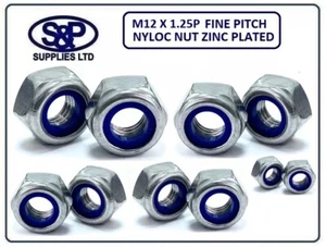 M12 X 1.25MM FINE PITCH NYLOC NUT BZP / 12MM x 1.25P ZINC PLATED - FINE PITCH - Picture 1 of 2