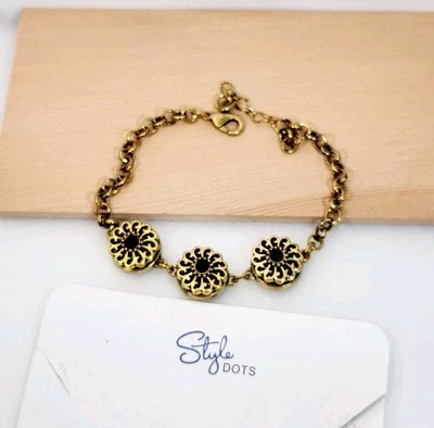 Style Dots 3 Charm Bracelet W/ 3 Dotlet Charms On Card Bronze-Gold-Tone 7" Black - Image 1 of 4
