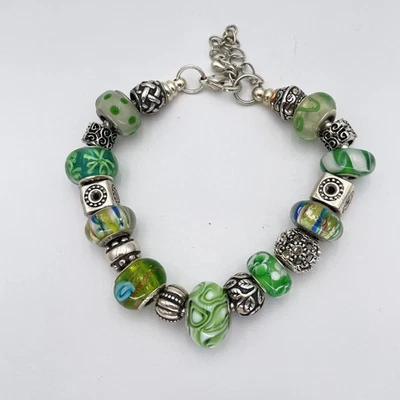Pulsera con cuentas de cristal de Murano verde tono plata ajustable joyería para mujer Foto 1 de 4