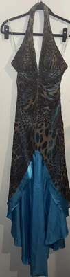 Maxi Vestido Talla 9/10 S/M Seda Cuentas Lentejuelas Estampado Leopardo Baile de graduación Formal Y2K Hada Foto 1 de 4