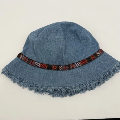 Sombrero Cubo Azul Denim Dobladillo Crudo Boho Hippie Festival Campesino Foto 1 de 4