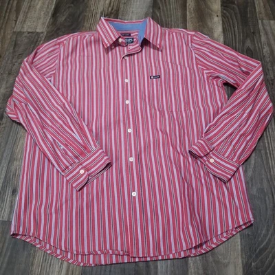 Camisa con botones Chaps para hombre grande manga larga fácil cuidado roja azul blanca a rayas Foto 1 de 4