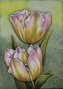 Tulips, Pink And Yellow, ACEO Art Original, Watercolor, Ink, Signed, 2.5x3.5 In - Picture 1 of 2