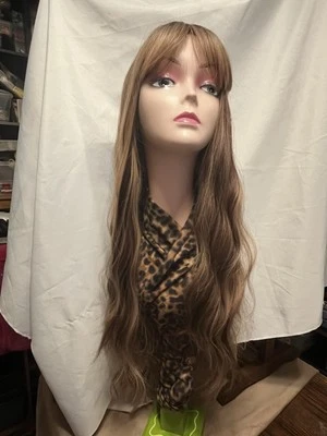 Peluca sintética 28" ombre marrón rubio reflejos flequillo ondulado nuevo sin etiquetas gorra clásica #1185 Foto 1 de 4