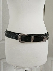 Vintage Western Black Real Leather Mens Belt Silver Metal Studs Accents - Picture 1 of 11