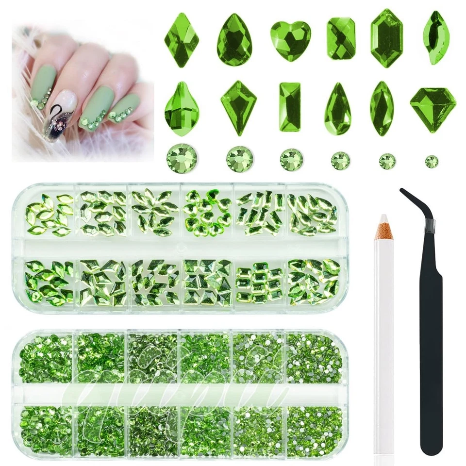 3180 PIEZAS Estrás de Uñas Verde Claro K9 Gemas Multiforma con Pluma de Cera para Hágalo Usted Mismo Foto 1 de 3