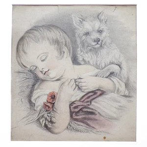 Antique Pencil Drawing Portrait Original Child Dog Baby Terrier Picture Art - Picture 1 of 12