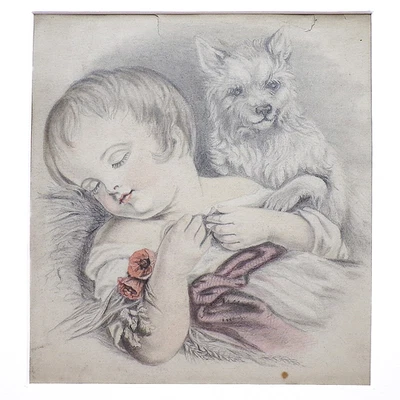 Antiguo Original Dibujo a Lápiz Retrato Niño Perro Baby Terrier Arte Picturado Foto 1 de 4