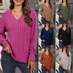 Women V-Neck Button Long Sleeve Tunic Tops T-Shirt Ladies Casual Shirts Blouse - Picture 1 of 30