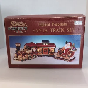 Vintage Santa's Workbench Christmas Village Lighted Porcelain Santa Train Set - Picture 1 of 3