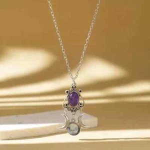 Triple Moon Silver Amethyst Necklace-Moon Goddess Pendant-Gift For Loved Ones - Picture 1 of 7