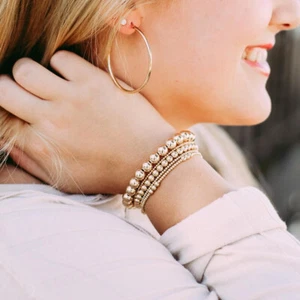 14K Gold Plated Copper Beaded Bracelet Stretchable Elastic Bracelets For Women - Picture 1 of 12