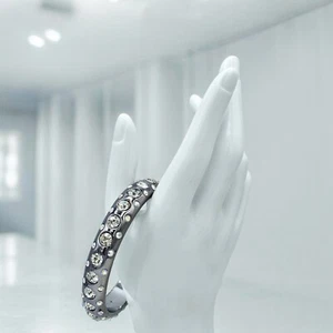 Metallic Jeweled Bangle Bracelet Aurora Borealis Glam Gem Chrome Tone Jewelry - Picture 1 of 9