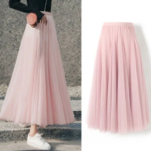 Damen Netz Lang Röcke Groß Swing Netzgewebe Tüll Elastisch Hoch Bund Midi Solid - Bild 1 von 31