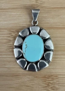 Vintage Retro Taxco Sky Blue Turquoise Sterling Silver 925 Flower Shape Pendant - Picture 1 of 6