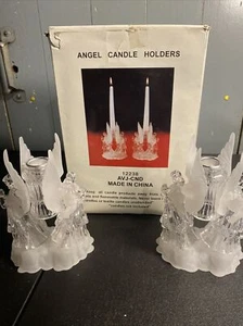 Pair of Clear/Frosted Angel Candle Holders 6.5” M - Picture 1 of 4