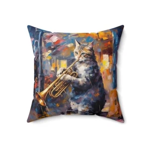 Cat Lover Square Pillow with Cover Cushion Art Print Trumpeter Cat Play Trumpet - Picture 1 of 10