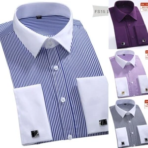 Camicie eleganti uomo polsini francesi lavoro formale business maniche lunghe top a righe - Foto 1 di 28