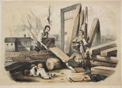 Kinder auf einer improvisierten Wippe, altkolorierte Lithographie, 1850-1899 - Bild 1 von 4