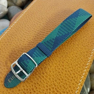 Vintage 18mm Perlon Green & Blue Argyle 1960s Single Pass Unused Watch Strap - Picture 1 of 7