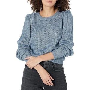 PAIGE Athena Sweater Crew Neck Slightly Cropped Puff Sleeve Moondust/Silver - Picture 1 of 2