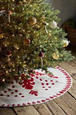 Anthropologie Hand-Embroidered Leafy Tree Skirt Fleur de Lis Christmas Red NEW - Image 1 of 3