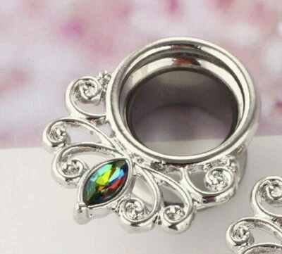 1 Surgical Steel Floral Swirl Earing Tunnel Womens double Flare Earplug AB Gem - Image 1 of 4