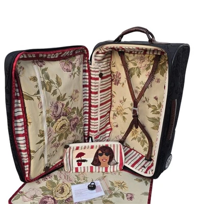 Brighton Mevelyn Suitcase Black Swirl Print Brown Leather Silver Hearts Rolling - Image 1 of 4