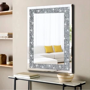 Rectangle Silver Mirrors Shiny Crystal Diamond Big Wall Mirror Living Room Decor - Picture 1 of 11