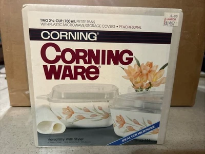CORNINGWARE P-43-336" MELOCOTÓN FLORAL " 2 3/4 TAZAS PEQUEÑAS SARTENES CON CUBIERTAS DE PLÁSTICO NUEVO EN CAJA Foto 1 de 4