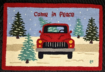 36" x 24 Come in Peace hooked wool rug Chandler 4 Corners Laura Megroz Christmas - Image 1 of 4