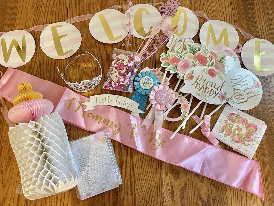Conjunto de decoraciones de baby shower para niñas corona y faja de mamá a ser, prendedor de papá a ser, 23 piezas Foto 1 de 1