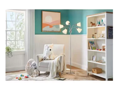 Hampton Bay 67 in. 5-Light Brushed Nickel Gooseneck Floor Lamp White Shades - Image 1 of 4