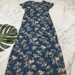 Liz Claibrone Damen Vintage Denim Maxikleid Größe 10 blau grün Landhaus Blumenmuster - Bild 1 von 9