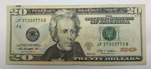 Twenty dollar bill note binary fancy serial number 3s and 7s - Picture 1 of 10