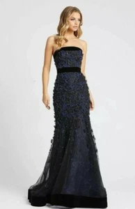 Abito con tromba senza spalline #407 Mac Duggal con applique floreale con applique taglia 8 blu - Foto 1 di 8