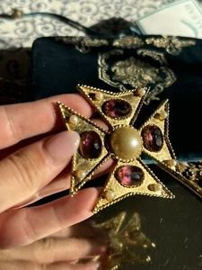 Carol Dauplaise Vibrant Runway Maltese Cross w/ faux pearls Pendant /Pin - Picture 1 of 6