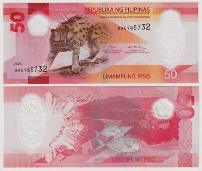 2025 Philippines 50 Piso P237 New UNC Polymer  - Visayan Leopard - AA Prefix - Image 1 of 4