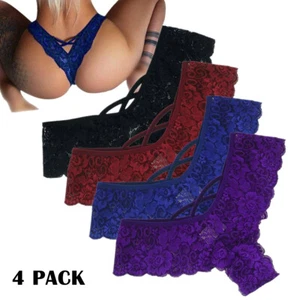 4 Pack Women Underwear Sexy Lace Lingerie Panties G-String Brief Thong Plus Size - Picture 1 of 14