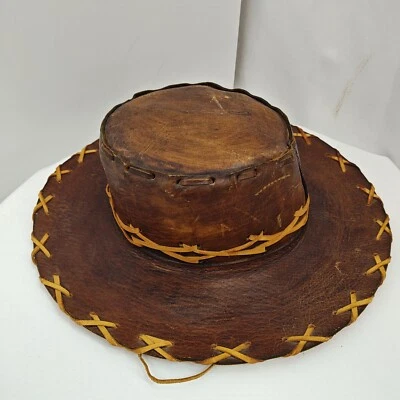 Unisex Handcrafted Brown Rustic Leather Western Hat Mexico Needs New Lacing - Image 1 of 4