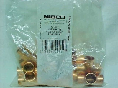 Sealed 10 pack NIBCO CP-611 Size 1/2" 1/2 Inch CXCXC Copper Solder Sweat Tee - Image 1 of 3