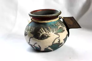 NEW W/ TAGS Raku Pottery bowl VASE Signed Jeremy Diller Deer Elk Earth And Fire - Picture 1 of 10