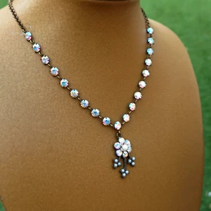 Michal Negrin Necklace Y-Drop AB White Aurora Borealis Crystals Tennis Flower - Picture 1 of 16