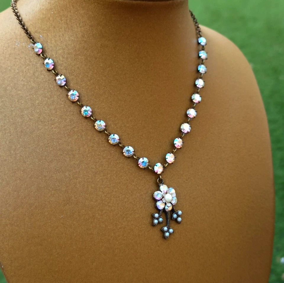 Collar Michal Negrin Gota en Y AB Blanco Aurora Boreal Cristales Tenis Flor Foto 1 de 4