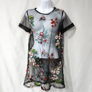 Black Sheer Women's Dress Size XS Colorful Floral Festival Art To Wear Eclectic - Picture 1 of 6
