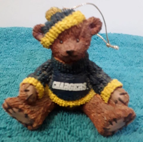 NFL Vintage San Diego Chargers Resin Bear Ornament In Team Beanie & Sweater Cover