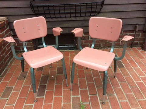 2 Matching Vintage Pink Mid-Century Chairs W / Arms - Plastic / Green Metal Cover