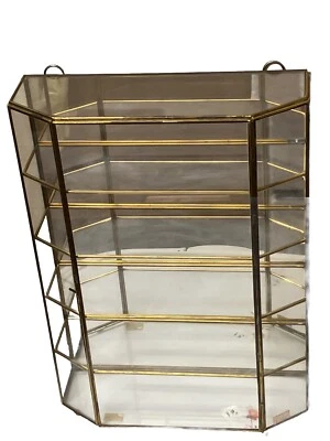 VTG MCM Brass & Glass Display Curio Hanging Cabinet 5 Shelves Mirror Hinged Door - Image 1 of 4