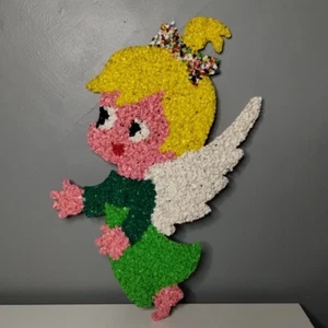 Vtg Melted Plastic Popcorn Angel Blonde Green Dress Christmas Wall Decor Plaque - Picture 1 of 6
